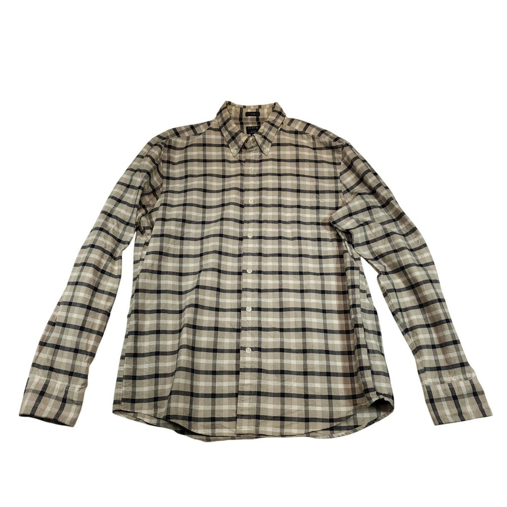 J.Crew Shirt Mens Large‎ Beige Plaid Long Sleeve Button Up Flex Oxford Slim
